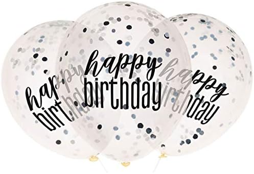 Clear Printed Glitz Happy Birthday Latex Balloons with Confetti Black & Silver (30cm) - Perfect for Party Decor Birthday & More - 6 Pcs - Image 3