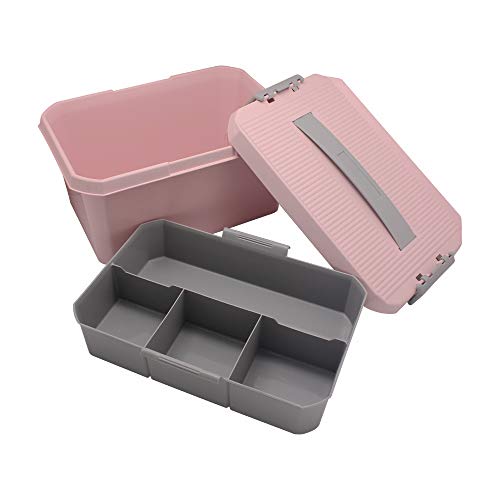 BangQiao Multipurpose Plastic Storage Box Container Bin with Removable Tray and Portable Handle, Family Emergency Medicine Kit First Aid Case Organizer, Pink&Gray
