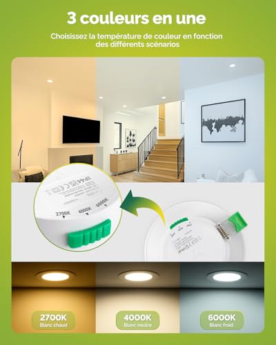 Fondiiz Pack of 12 Recessed LED Spotlights 68 mm, 5 W 220 V Recessed Ceiling Spotlights, Warm White 2700 K, Neutral White, 4000 K, Cool White, 6000 K, Adjustable, IP44 Bathroom LED Spotlight for Living Room, Kitchen, Round