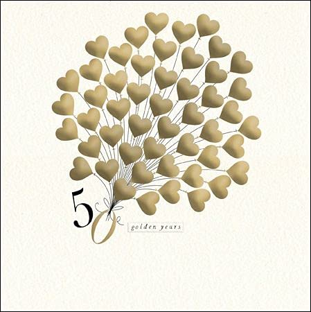Woodmansterne Anniversary Card Gold 50th Bunch Of Balloons