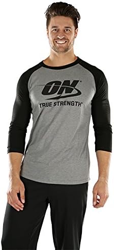 Optimum Nutrition: ON True Strength Baseball 3/4 Sleeve T-shirt for Men, Grey/black