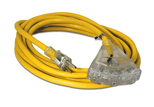 15-ft 12/3 Heavy Duty 3-Outlet Lighted SJTW Indoor/Outdoor Extension Cord by Watt's Wire - Yellow 15' 12-Gauge Grounded 15-Amp Three-Prong Power-Cord (15 foot 12-Awg)