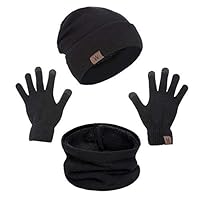 Winter Hat and Infinity Scarf Gloves Set for Men Women 3 Pieces Warm Knit Hat Scarf Touch Screen Gloves Set（Black）