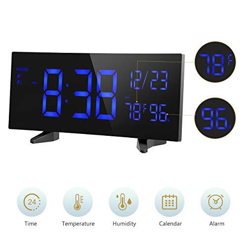 PICTEK Digital Alarm Clock, 6.5'' Dimmable Curved LED Display Digital Clock with Indoor Temperature, Humidity and Date, Dual Alarms, Weekend Mode, Snooze, 12/24 Hour, Battery Backup, Power Adapter