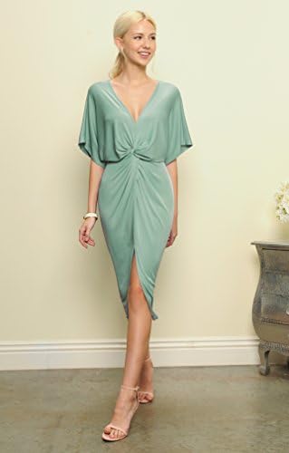 Trend Director Women's Draped Knotted Front Slit V Neck Stretchy Midi Dress in Mint, Mauve and Black Colors