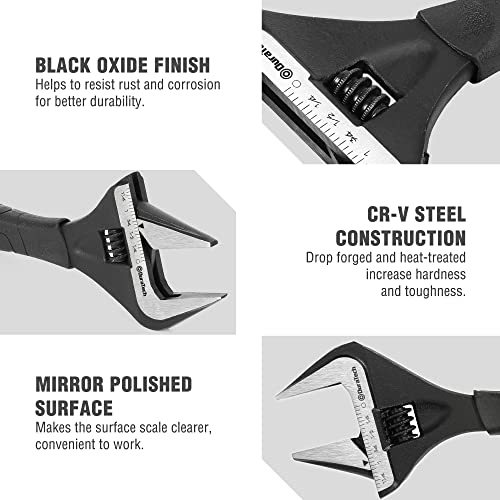 DURATECH 8-Inch (200 mm) Adjustable Wrench, Wide Jaw Large Opening Black Oxide Finish Plumbing Basin Wrench, Hand Repair Tool, Cr-V Steel, SAE and Metric Scale Marked, Ergonomic Grip