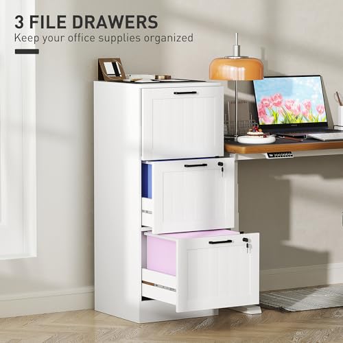 HOMCOM 3 Drawer File Cabinet with Lock, Vertical Filing Cabinet with Adjustable Hanging Bars for A4 and Letter Size File Folders, Printer Stand with Storage for Home Office, White
