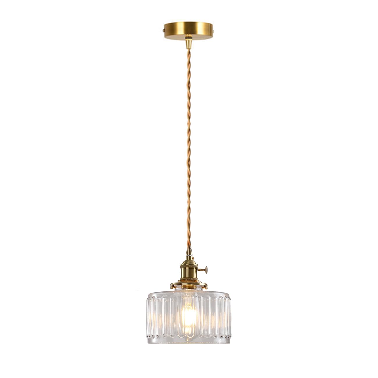 Theopractick Retro Glass Pendant Lights in Brass Finish, Modern Industrial Ceiling Lights with Brass Lamp Holder and On/Off Swith, Dining Room Bedroom Ceiling Lights, Kitchen Light (Clear, 17.5x19cm)