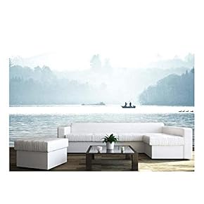 Large Wall Mural - Calm Water Surface in The Mist with Men Fishing in a Boat | Self-Adhesive Vinyl Wallpaper/Removable Modern Wall Decor - 66x96 inches