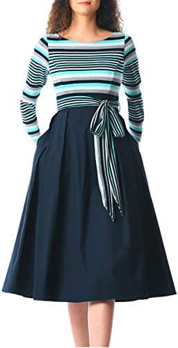 Biucly Women's Stylish Vintage Boat Neck Striped Poplin Sash Tie Long Sleeves Casual Midi Dress