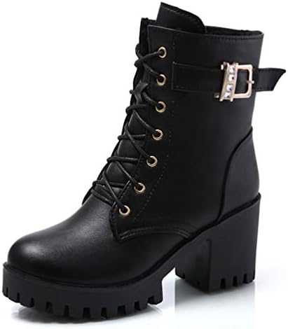 LIANGXIE Women's Climate Faux Leather Lace-up Thick Platform Chunky Heel Lug Ankle Bootie Plus Velvet Side Zipper Women's Booties Warm Women's Boots