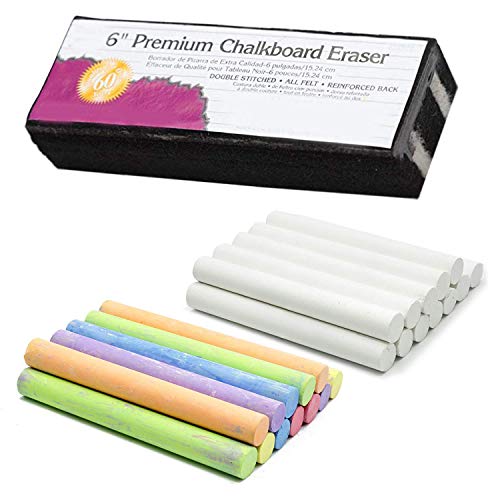 White Chalk (12 ct box) and Colored Chalk (12 ct box) Bundle Non-Toxic + Premium Chalkboard Eraser - Thumbnail 5