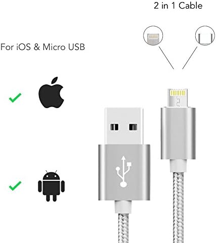 2IN1 Nylon Braided High Speed Data Sync Charing and Sync USB Cable for iOS &amp; Android iPhone/Samsung/HTC/Nokia/Blackberry/Sony (sliver)