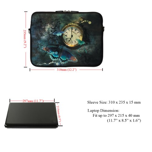 Meffort Inc 11.6 Inch Neoprene Laptop / Ultrabook / Chromebook Bag Carrying Sleeve with Hidden Handle and Adjustable Shoulder Strap (Butterfly Clock)
