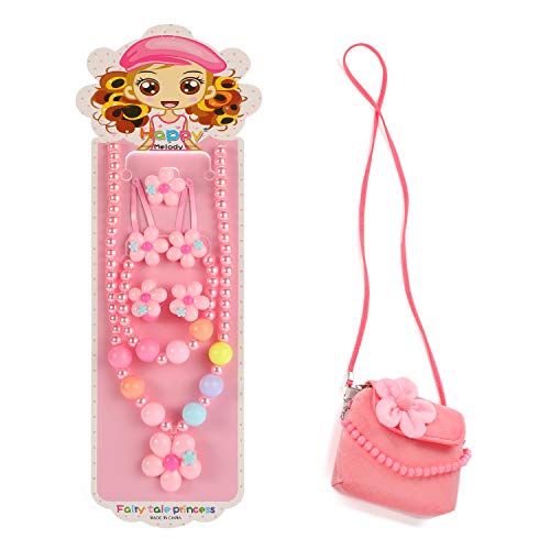 Hifot Kids Jewelry Little Girls Plush Handbag Necklace Bracelet Ring Hair Clips Set, Jewelry Party Favors Gift for Dress up Pretend Play
