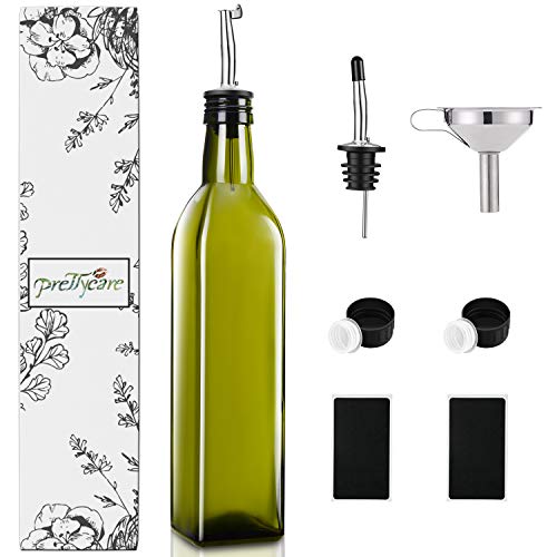 PrettyCare Olive Oil and Vinegar Dispenser Bottles 17oz (Dark Cruet with Extra Lids, Labels and Funnel) 500ml Drip-Free Bottle with Stainless Steel Spout, Flip Top Pourer Set (Dark Green)