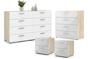 Home Square Contemporary Style 4 Piece Bedroom Set with Two Nightstands, 8 Drawer Double Dresser and 4 Drawer Chest in Oak and White Gloss