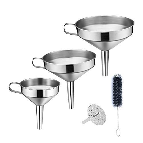 Kitchen Funnel, 3 Piece Stainless Steel Funnels Set with Handle Design and Removable Strainer, Great for Transferring of Liquid, Fluid, Dry Ingredients & Powder, Durable and Dishwasher Safe (3 Piece Stainless Steel Funnels)
