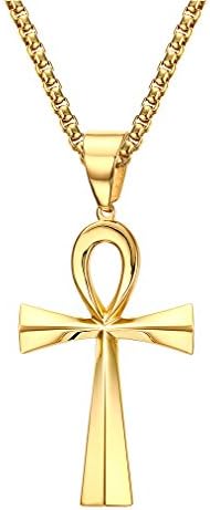 HEBYGI Men Women Stainless Steel Egyptian Ankh Gold Cross Pendant Necklace Vintage with 24 inchs Chain