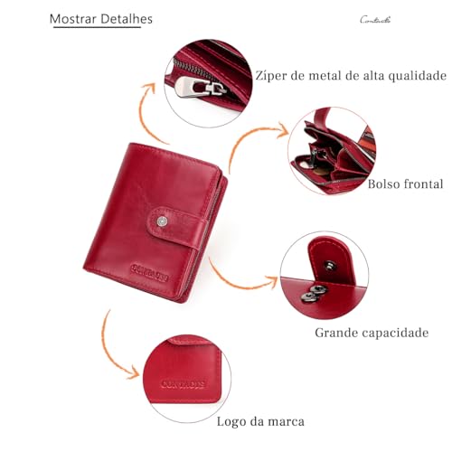 CONTACTS Carteira de Couro Legítimo Feminina com Porta-Cartões (11 Slots), Porta-Foto, Porta-Moedas, Compartimento para Cédulas e Recibos, Leve e Proteção RFID – Cor Vermelho
