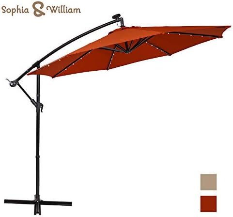 Sophia and William 10ft Patio Offset Umbrella Cantilever Outdoor Solar Lighted Umbrella with 32 PCS LED Lights, Cross Base and 8 Ribs (Orange Red)