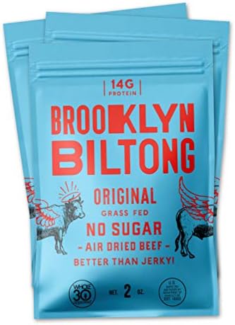 Brooklyn Biltong - Air Dried Grass Fed Beef Snack, South African Beef Jerky - Whole30 Approved, Paleo, Keto, Gluten Free, Sugar Free, Made in USA - 2 oz. Bags, 3 Count (Original)