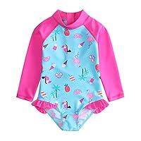 Baby Swimming Costume Girls One Piece Long Sleeve Swimming Suit Printed Fruit and bird50+UV Sun Protection (6M) Pink