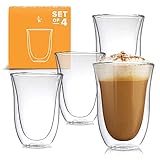 Latte Cups Double Walled Coffee Glasses Set of 4 - Clear Glass Thermo Insulated Stackable Mugs, 7.5oz