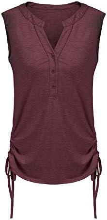 Gumod Womens Sleeveless V Neck Button Pleated Adjustable Drawstring Side Shirring Tanks Tops, Wine Red, Medium