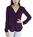 Womens V Neck Long Sleeve Ruffled Shoulder Solid Chiffon Blouse (X-Large, Purple)