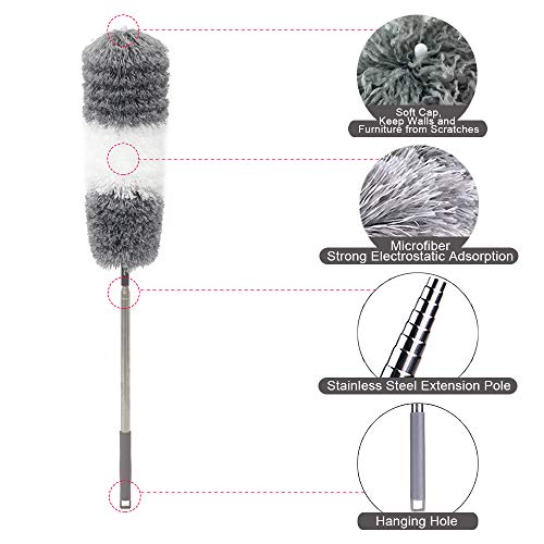 Telescoping Microfiber Duster,Ceiling Fan Duster, Retractable Stainless Steel Pole,Bendable Washable Head,30-100 inches,for Cleaning Roof, Blinds, Cobwebs,Ceiling, Corners,Furniture,Car,Skylight