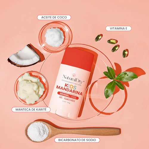 NaturalDry Kids - Pack de 2 desodorantes Kids infantiles unisex Natural para niños y niñas - Duración hasta 24 horas - Deodorant natural - Aroma Mandarina - En barra