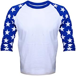 Mens Raglan 3/4 Star Sleeves T-Shirt (XX-Large, White/Royal-Blue)