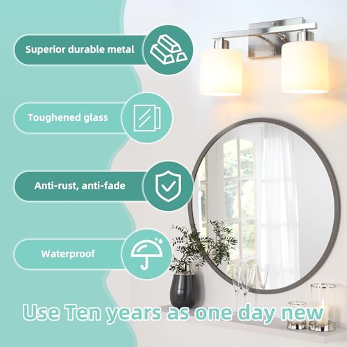 SILAMPDI Bathroom Light Fixtures Silvery, Vanity Lights for Bathroom 2-Light, Wall Sconces Lamp for Bedroom, Hallway, Milky White Glass Shades, E26 Base 60W MAX, Bulbs Not Included