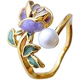 Kokoma Rose Flower Open Ring for Women Simulated Pearl Enamel Floral Ring Adjustable Wrap Rings Promise Engagement Wedding Fashion Jewelry