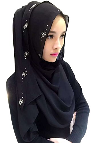 Ababalaya Womens' Chiffion Hotfix Rhinestone Hijab Scarf Shawl (Black)