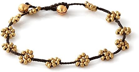 MGD, Golden Gold Tone Color Bead and Brass Bell Anklet. Beautiful Handmade Brass Flower Anklet. Small Anklets. Ankle Bracelet. Fashion Jewelry for Women, Teens and Girls, JB-0252A