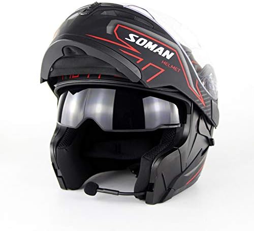 Motorcycle Bluetooth Helmet D.O.T Certification - Full Face Bluetooth Racing Motorcycle Helmet Cromwell Helmet JET Double Mirror Modular Flip Helmet (S, M, L, XL) Black Red,S(55~56Cm) [Energy Class A]