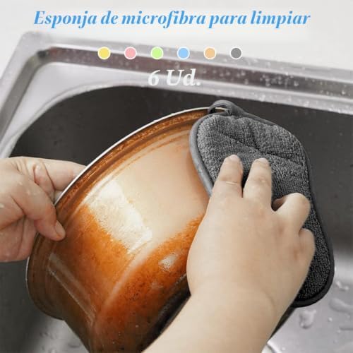 Esfregador de cozinha de 6 peças, feito de microfibra que não risca, esponja de cozinha dupla face e resistente, para esfregar comida rebelde suja ou queimada em tachos e loiças.
