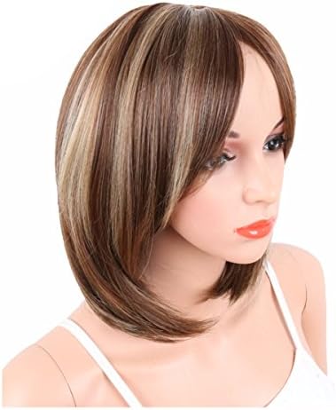 COPLY Women Short Brown Mix Blonde Heat Resistant Natural Synthetic Wigs African American Wavy Hair With Bangs MY-0010