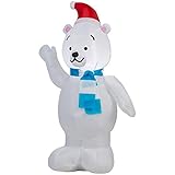Gemmy Airblown Inflatable Polar Bear Standing Waiving Wearing Santa Hat, Blue and White Striped Scarf - Holiday Yard Decorations, 3.5 Feet Tall