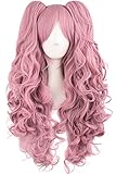 MapofBeauty Lolita Long Curly Clip on Ponytails Cosplay Wig (Rouge Pink)