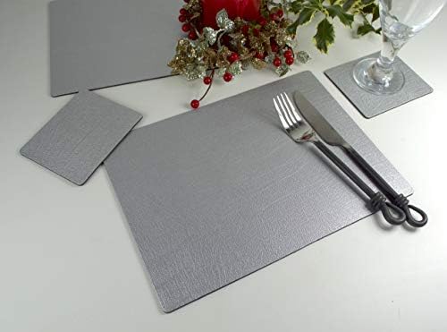 Giftag Set of 4 Bonded Leather Silver Christmas Placemats and 4 Coasters, Made in UK, 8 Piece