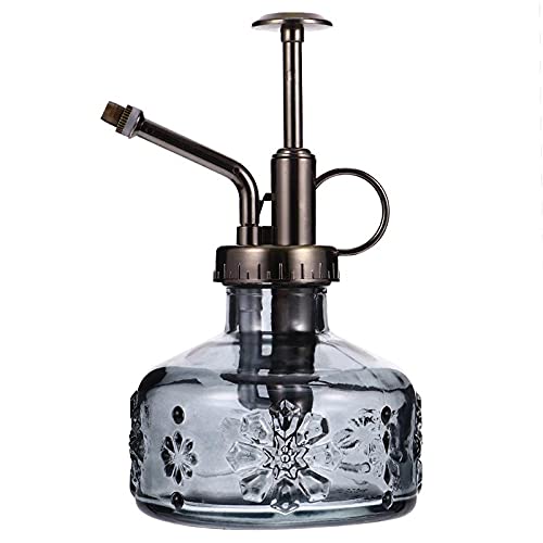 ZIUHEOA Black Glass Plant Mister Spray Bottle, 6" Tall Small Plant Watering Can, Plastic Top Pump, Indoor/Outdoor, Decorative