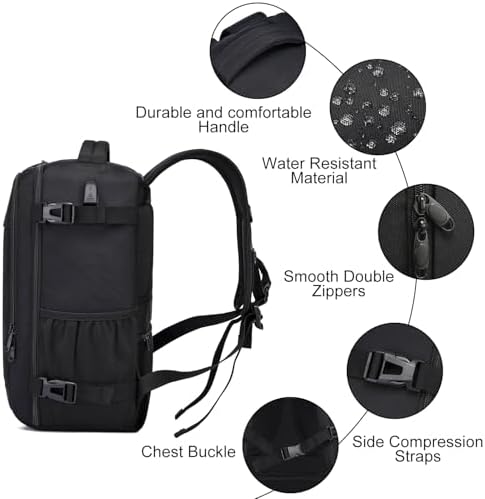 Ryanair Handgepäck 40x30x20 Rucksack 40x30x20 Eurowings Handgepäck Rucksack Flugzeug Reiserucksack Herren Handgepäck Tasche Laptop Rucksack 14 Zoll mit USB Ladeanschluss Reisetasche für Damen,Schwarz