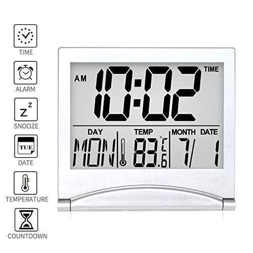 Betus Digital Travel Alarm Clock - Foldable Calendar & Temperature & Timer LCD Clock with Snooze Mode - Large Number Display, Battery Operated - Compact Desk Clock for All Ages (Silver)