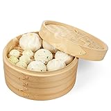 Flexzion Bamboo Steamer Basket Set (8 Inch) with 50x Steamer Liners and 2 Pairs of Chopsticks, Chinese Steamer for Cooking Food