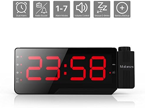 Malanzs Projection Clock, FM Radio Alarm Clock, Curved-Screen Digital Alarm Clock, 7.5'' LED Display with Dimmer, 3 Alarm Clock Setting, 12/24 Hours, Backup Battery for Clock Setting