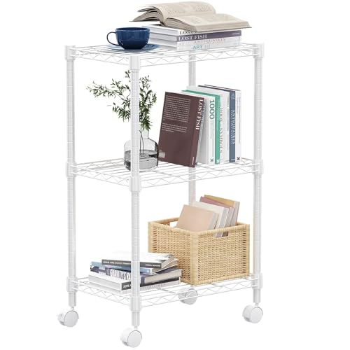 M MZG Metal Shelving Unit with 3 Levels Lockable Wheels, Load Capacity 340 kg, Adjustable Shelves for Kitchen, Bathroom, Pantry and Office, Study, White, 30 x 45 x 75 cm
