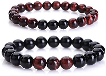FELEICIS JEWELRY distance Couple bracelets set of 2 pcs Red Tiger Eye stone and Black Agate Bracelet Gemstones beads, 7" and 8"